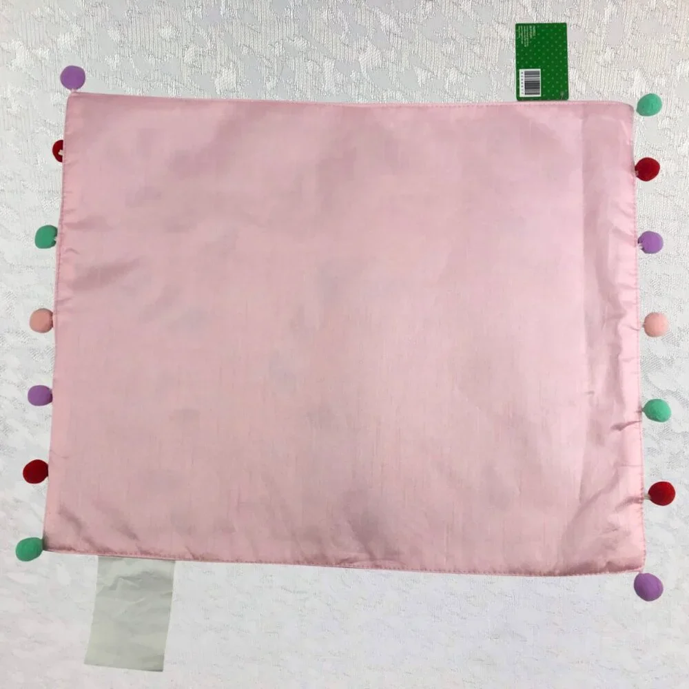 Sleigh Bell Bistro Pink Peppermint Placemats w/ Multicolor Pom-Poms Set of 4 NWT